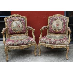 Paire De Fauteuils à Chassis à Dossiers Plat De Style Louis XV, Tapisseries Aubusson XVIII