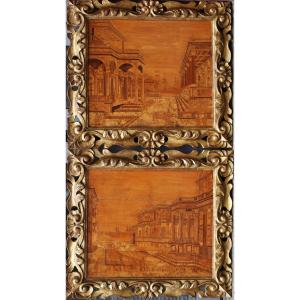 Ecole Italienne Du XVIIIème , Paysage Architecture En Marqueterie De Bois.