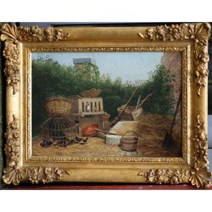 Edouard REYNART 1802-1879, Poules et poussins à la ferme, huile sur toile