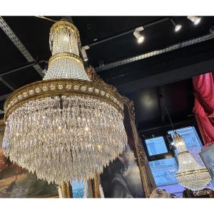 Pair Of Louis XVI Style Basket Chandeliers In Gilt Bronze With Faceted Pendants