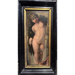 Raphël, d après, Ec. Française du XIXe, Putto reggifestone huile sur toile 1876.