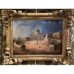 Ecole étrangère du XVIIIème , Saint Pierre de Rome,  huile sur toile, cadre d'époque.