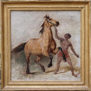 Franz Krüger (1797-1857) attribué à ? , école allemande, lad et cheval au galop.