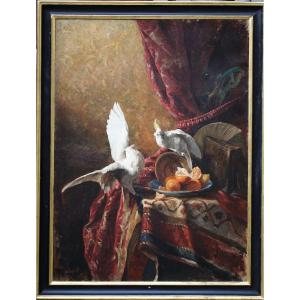 Maurice LE LIEVRE 1848-1897, nature morte aux fruits tapis et cacatoes.