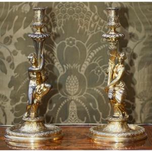 Pair Of Large Regency Style Candlesticks, After The Model By Corneille Van Clève 1645-1732