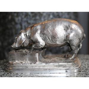 Isidore Bonheur 1827-1901, Pig At Its Manger, Silvered Bronze, Signed.