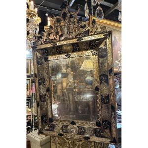 Venice Mirror, Baroque Style Circa 1940, In Engraved And Blue Tinted Glass.