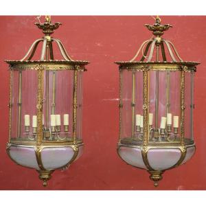 Pair Of Louis XVI Style Lanterns, Early 20th Century, Cylindrical With Translucent And Frosted Glass.