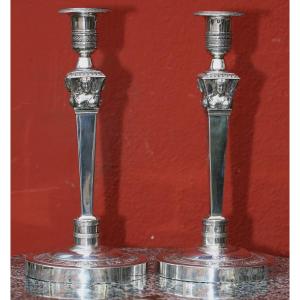 Pair Of Restoration Period Silver Candlesticks With Coat Of Arms, Hallmarked With The Old Man's Head. 