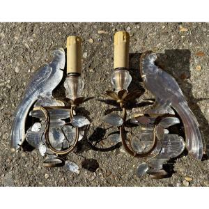 Pair Of Overmantel Sconces With Vase And Parrot Decorations, Bagues Paris Label.
