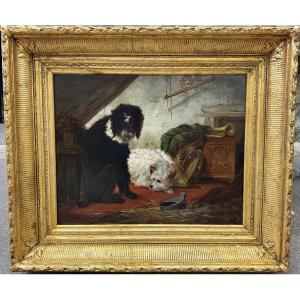 Zacharie Noterman 1820-1890 , Two Travelling Dogs, Oil On Wood.