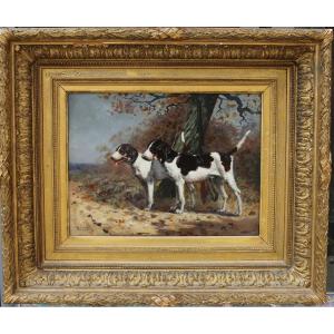 Adolphe BINET 1854-1897, deux chiens de chasse à l'attache, huile sur panneau.