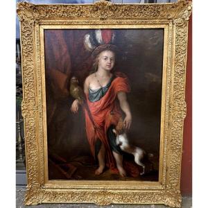 Justus Van Egmont (1601-1674) Attributed To, Child Dog And Parrot, Oil On Canvas.