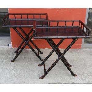 Perret et Vibert vers 1960 paire de tables dessertes pliantes de style bambou .
