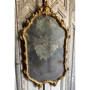 Gilded Wooden Mirror And Engraved Mirror Bearing A Coat Of Arms, Venice, 18th Century