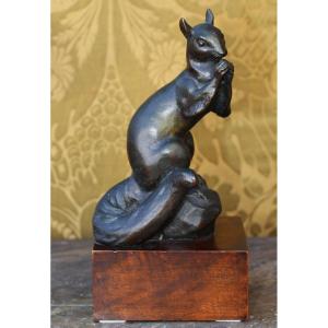 Vasil Yankov Zidarov 1905–1963, Bulgarian Sculptor, Squirrel Eating A Hazelnut, Bronze With A Brown Patina