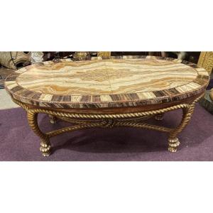 Gilded Wooden Coffee Table With A Knotted Rope Motif, Onyx-veneered Top, Italy, Early 20th Century