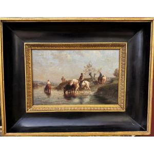 Jules jacques VEYRASSAT 1828-1893 chevaux passant le gué, huile sur panneau vers 1880 