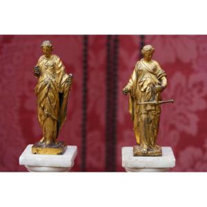 Italy, 17th Century: A Pair Of Bronze Sculptures Depicting Justice And A Vestal Virgin, Gilded Bronze, Mounted On Columns.
