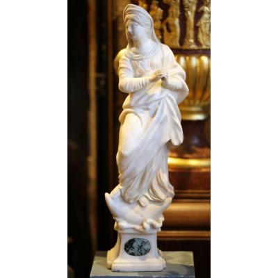 Vierge Sur Un Croissant De Lune, Sculpture Marbre Blanc, Italie XVIIe