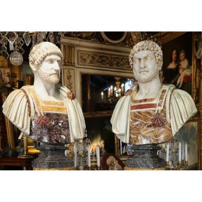 Italian School Early Twentieth, Busts Of Marcus Aurelius And Adrien.