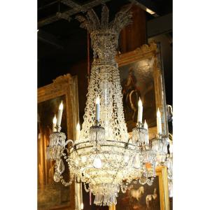 Lustre Corbeille à 8 Bras De Lumière en Bronze argenté Et Cristaux époque XIXème