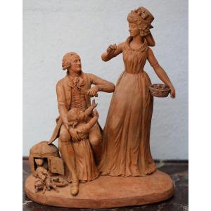 Belgian School Late 18th C., Couple With Child, Cat And  Dogs, Terracotta Signed Ficquaert Bri