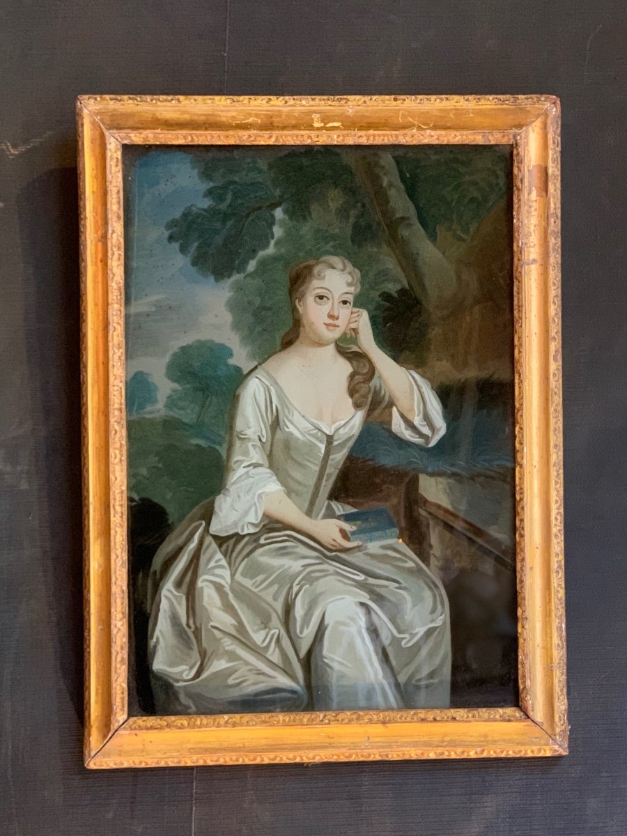 "portrait Of A Quality Lady" Fixed Under Glass, 18th Century, England-photo-2