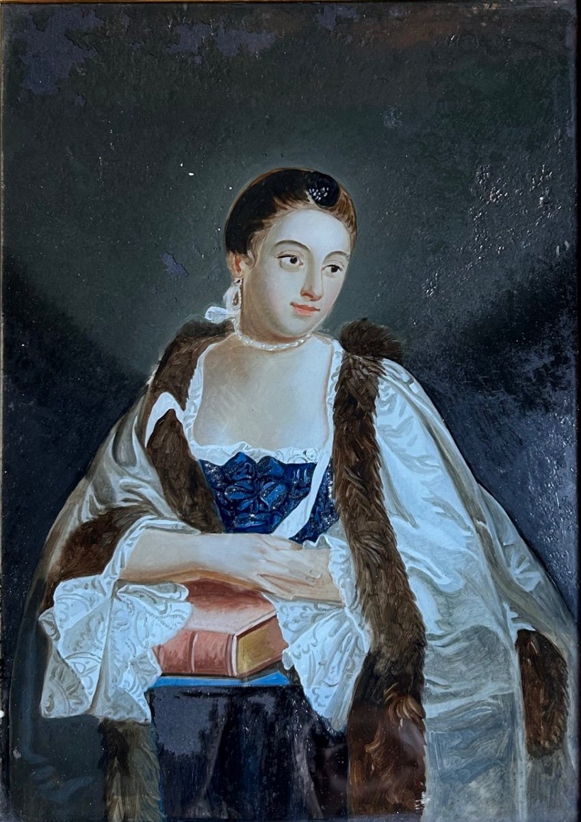 "portrait Of A Woman In Coat" Fixed Under Glass, 18th Century-photo-3