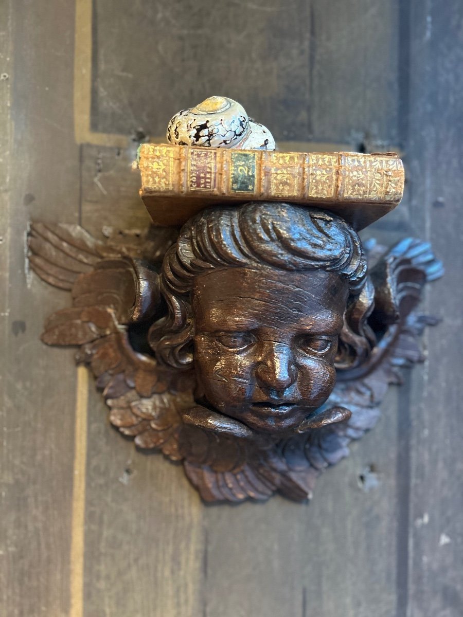 Angel Head In Oak Wood, 17th Century-photo-2