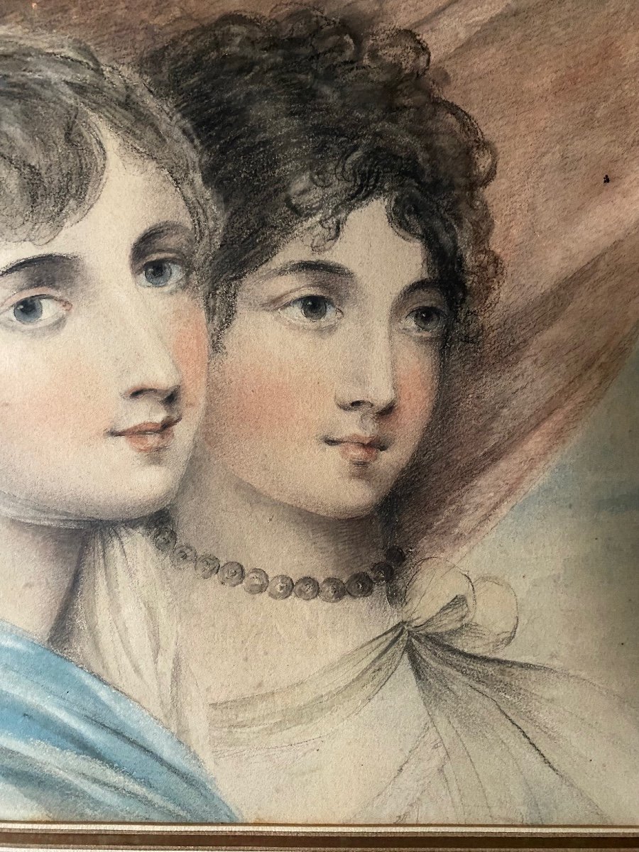 "Deux soeurs", aquarelle et pastel, époque Empire-photo-2