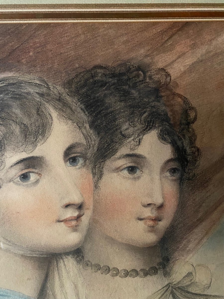 "Deux soeurs", aquarelle et pastel, époque Empire-photo-2
