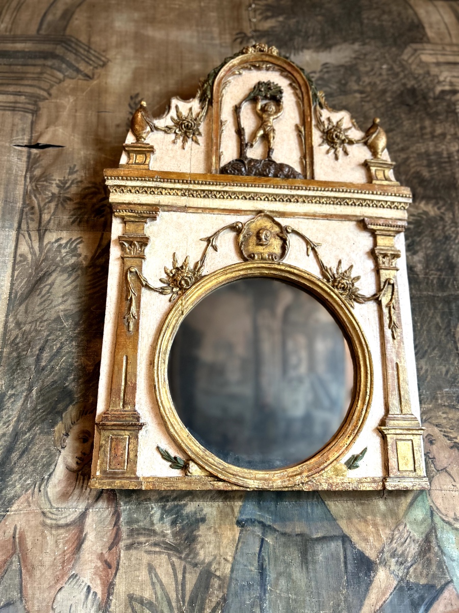 Miroir en bois sculpté polychrome, XVIII siècle-photo-2