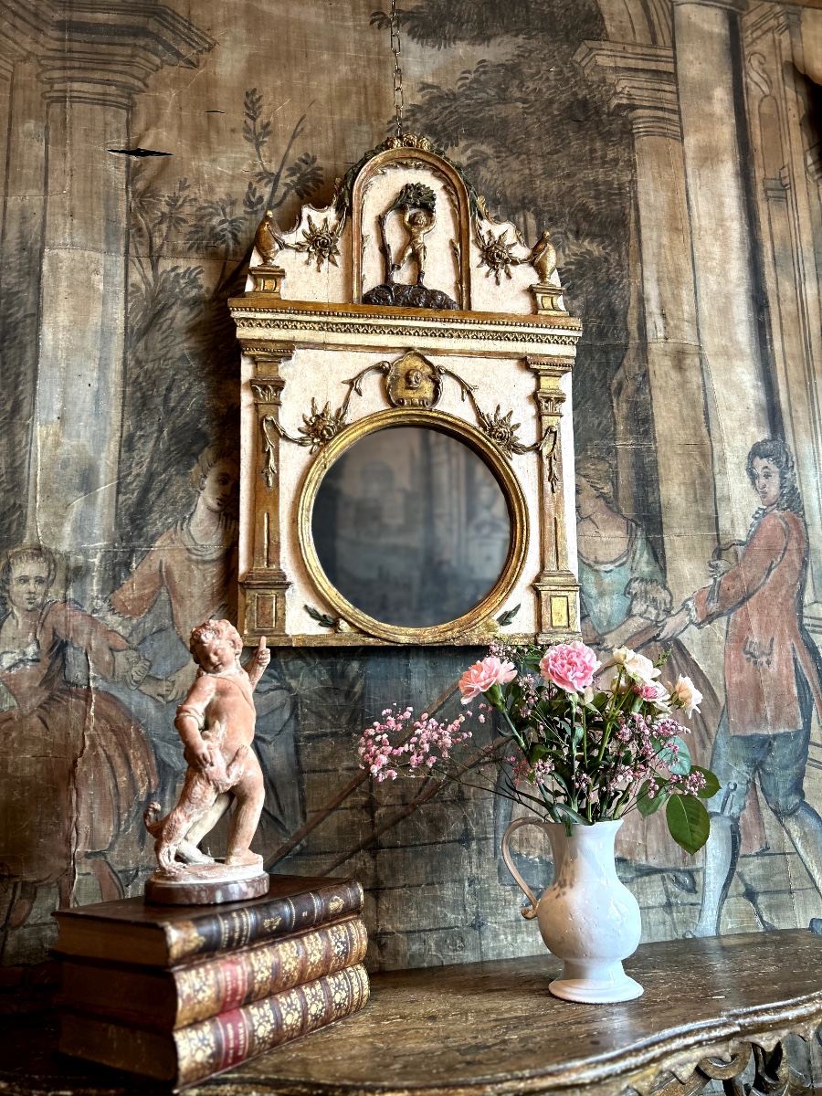 Miroir en bois sculpté polychrome, XVIII siècle-photo-2