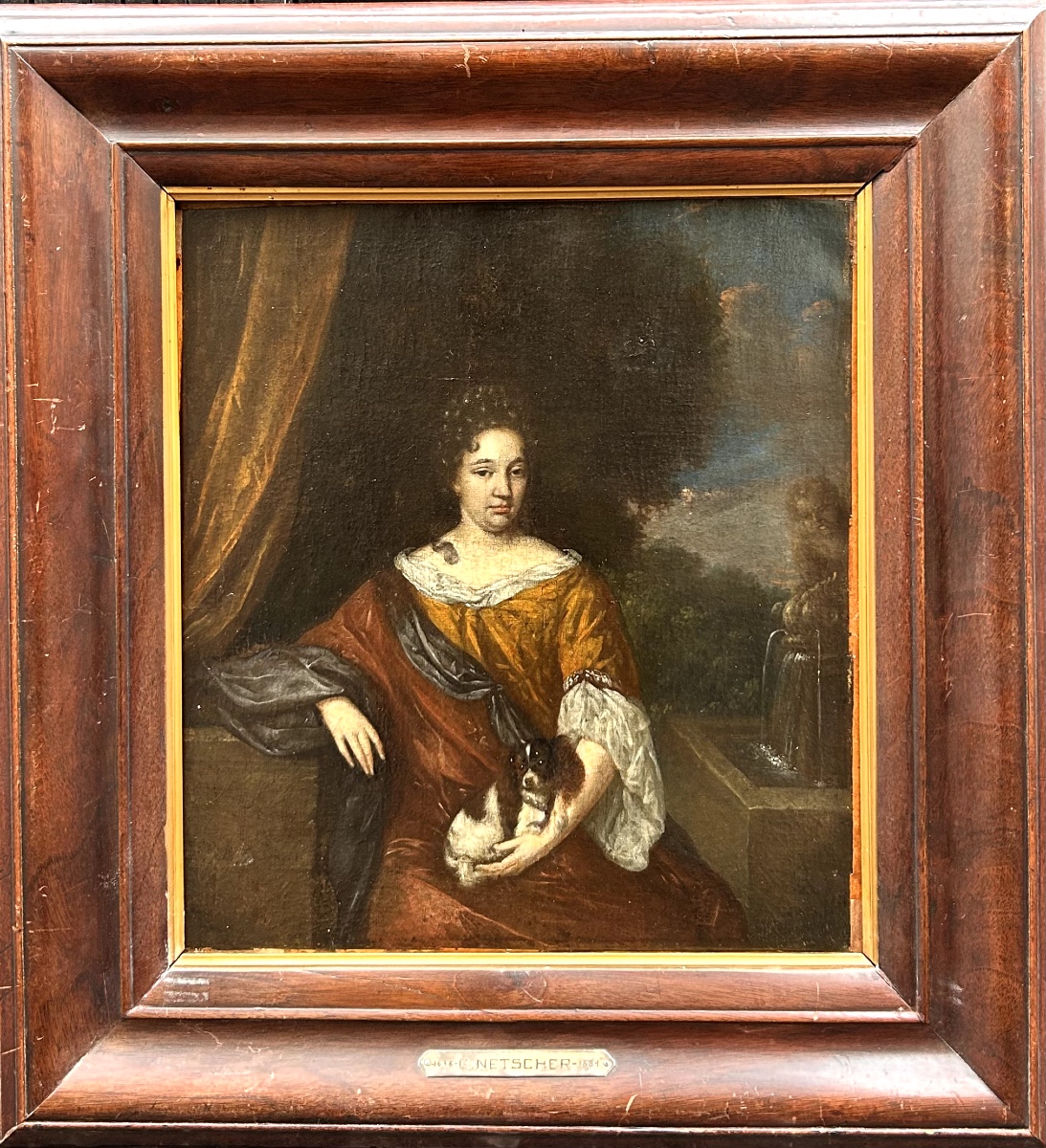 Portrait d’une femme et de son chien au collier de perles, suiveur de Caspar Netscher (1639–168