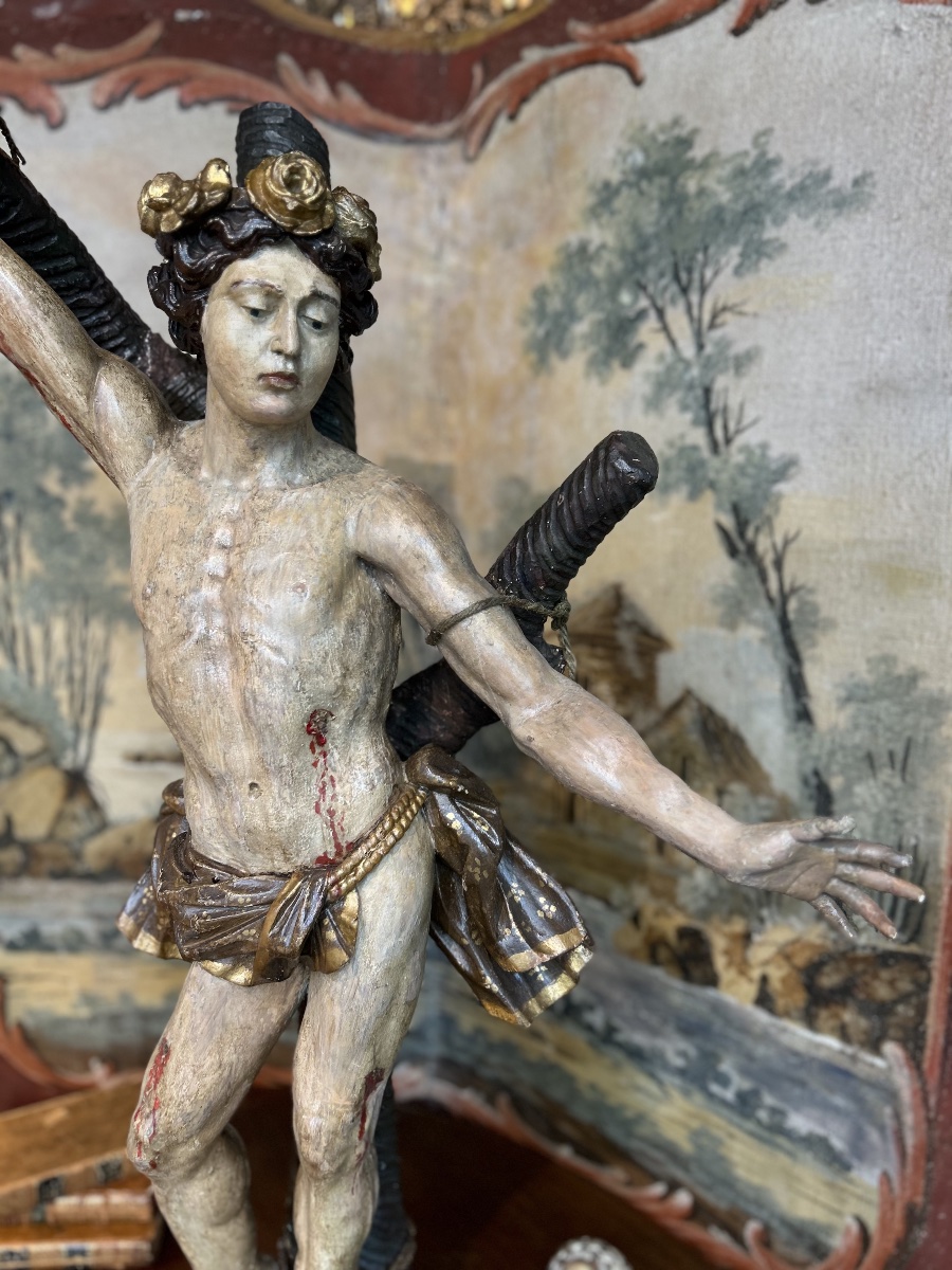 Carved Wooden Statue Of Saint Sebastian – 18th Century-photo-2