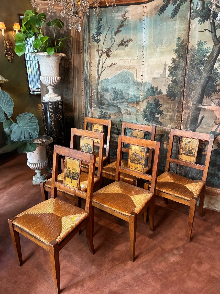 Suite de six chaises Directoire, les fables de Jean de La Fontaine