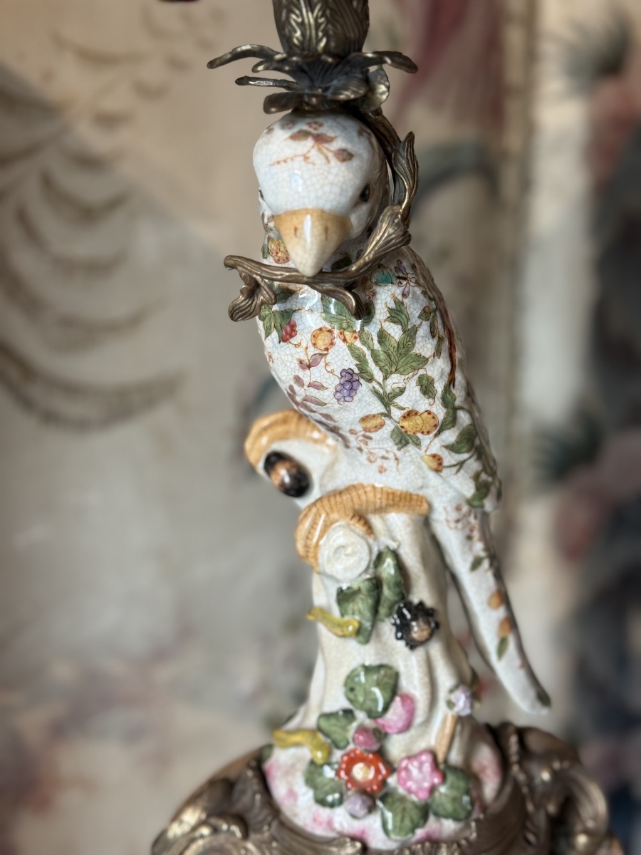 Paire de lampes perroquets en porcelaine-photo-4