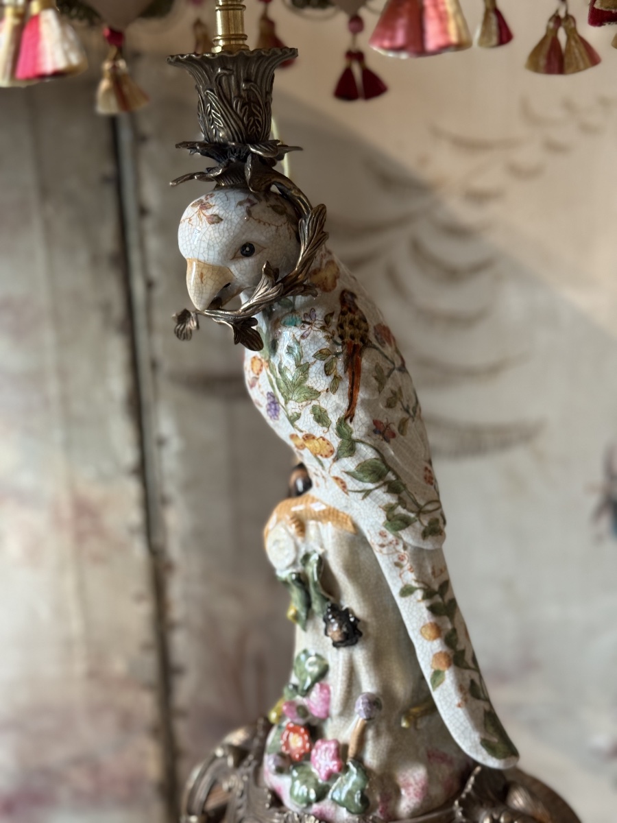Paire de lampes perroquets en porcelaine-photo-5
