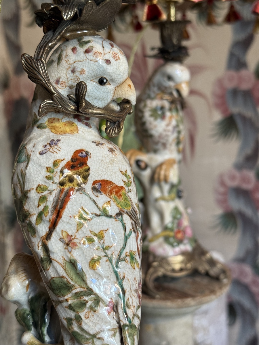 Paire de lampes perroquets en porcelaine-photo-7