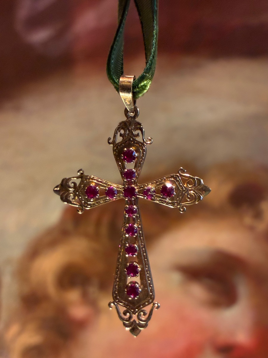 Yellow Gold Cross With Garnets-photo-3