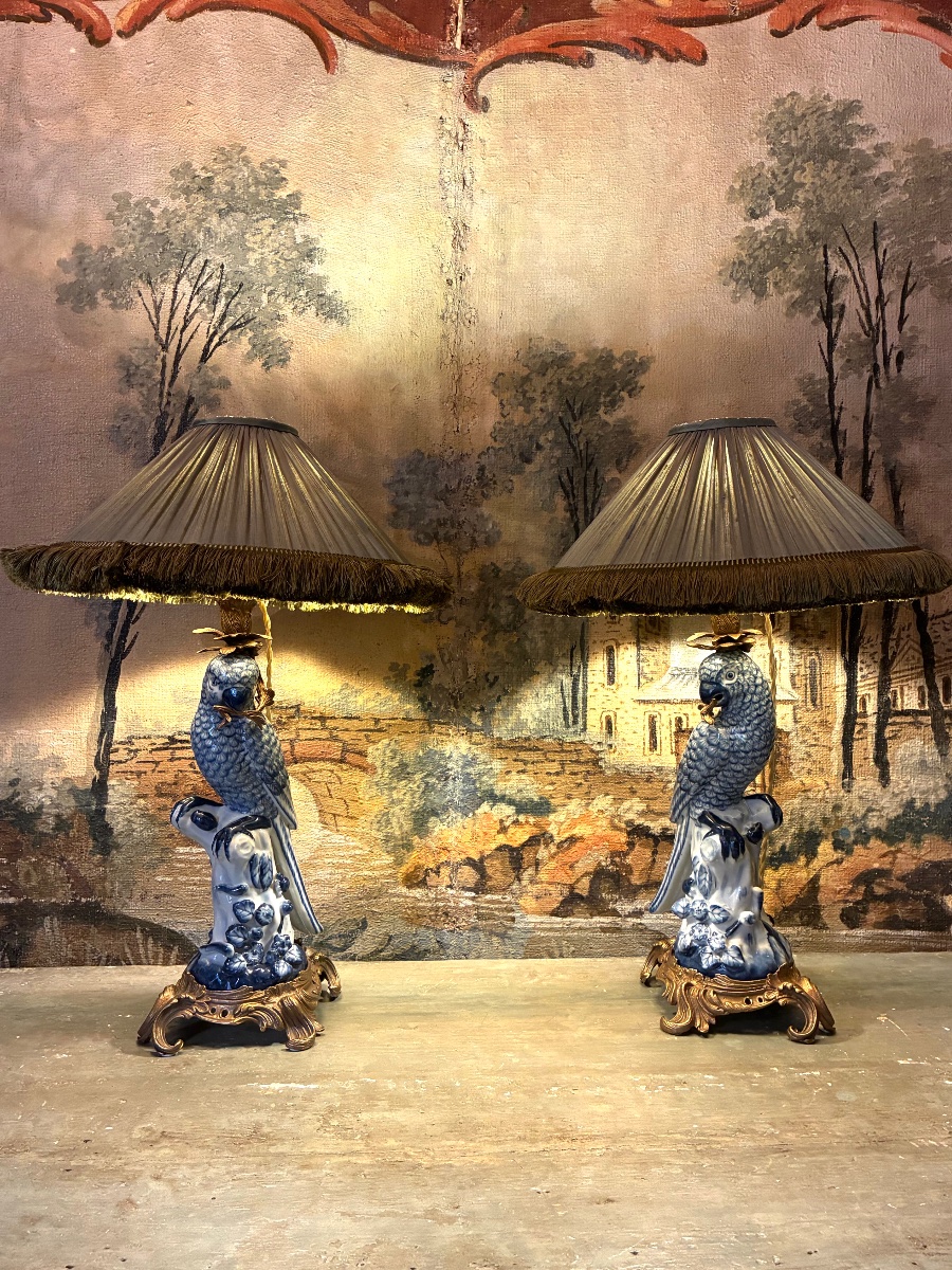 Pair Of Porcelain Parrot Lamps