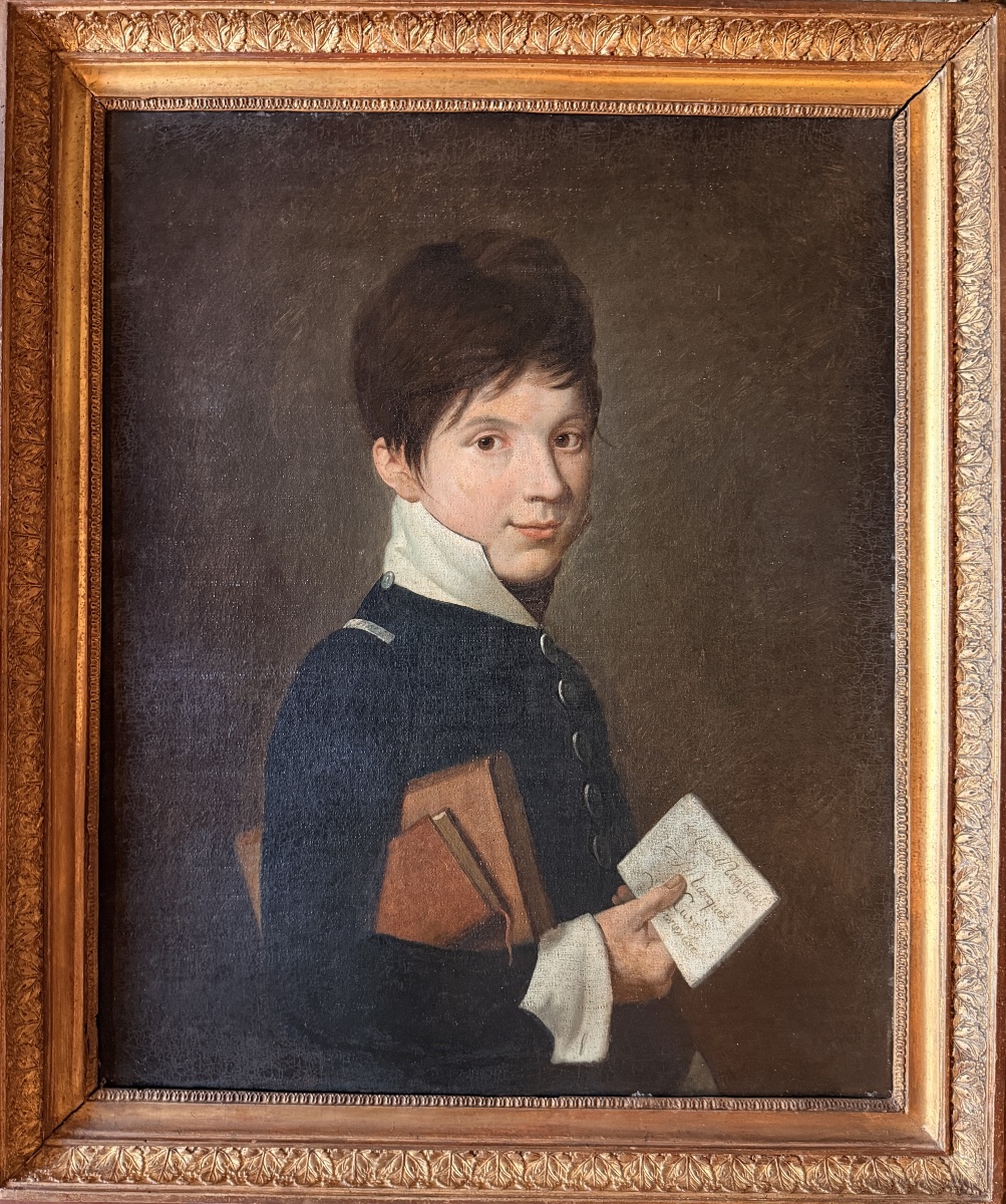 Portrait de jeune écolier tenant une lettre d’époque Consulat 