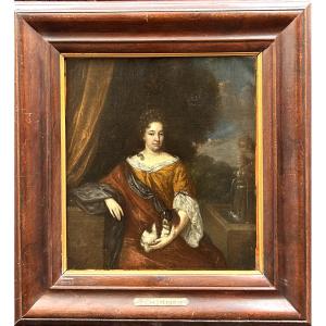 Portrait Of A Woman And Her Dog With A Pearl Necklace, Follower Of Caspar Netscher (1639-168)