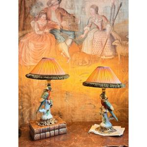 Paire de lampes perroquets verts aux cerises