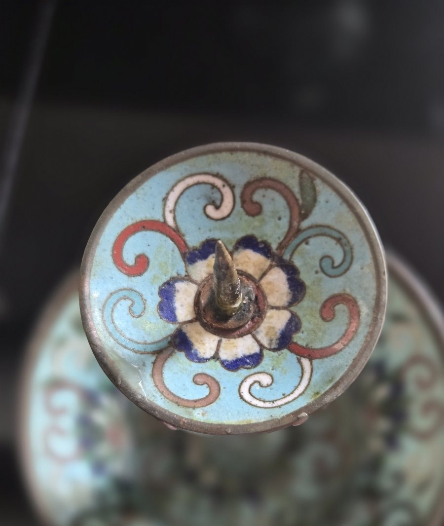 Pair Of Cloisonné Enamel Candlesticks-photo-2