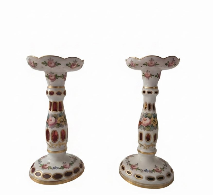 Pair Of Bohemian Overlay Crystal Candleholders