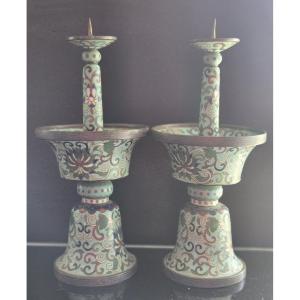 Pair Of Cloisonné Enamel Candlesticks