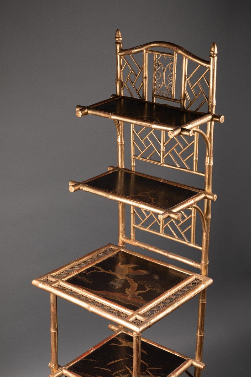 Etagère En Faux Bambou, Doré, Signé A. Giroux, Paris, France, 19e Siècle-photo-3