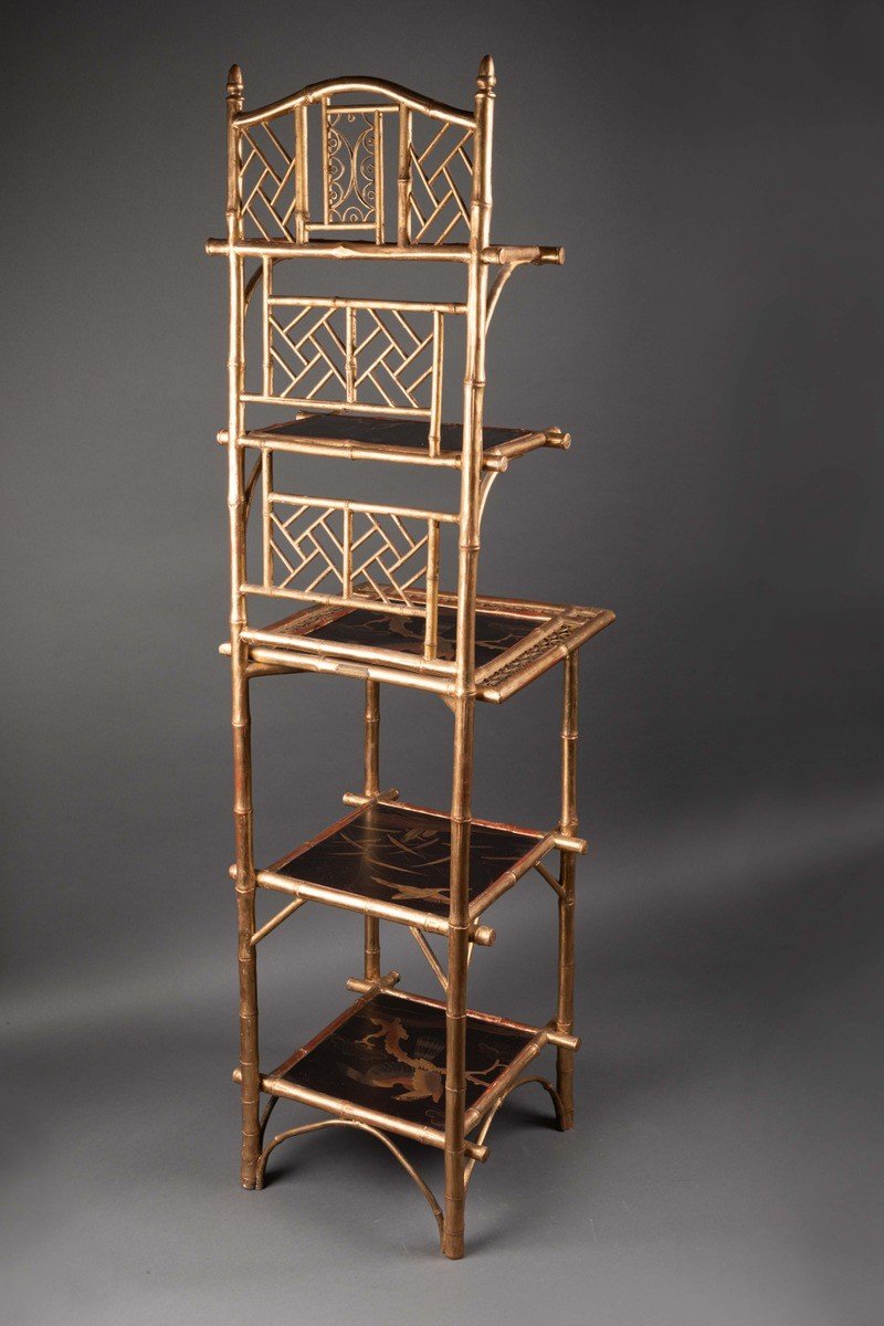 Etagère En Faux Bambou, Doré, Signé A. Giroux, Paris, France, 19e Siècle-photo-1